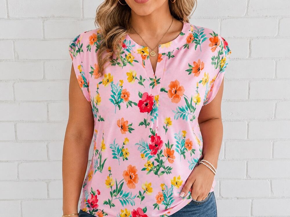 Dear Scarlett Top Womens 2X Pink Floral Stretch Knit Short Sleeve Blouse Plus